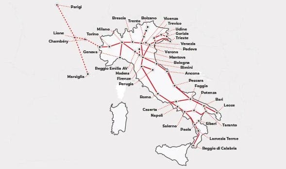 Frecciarossa train map in Italy